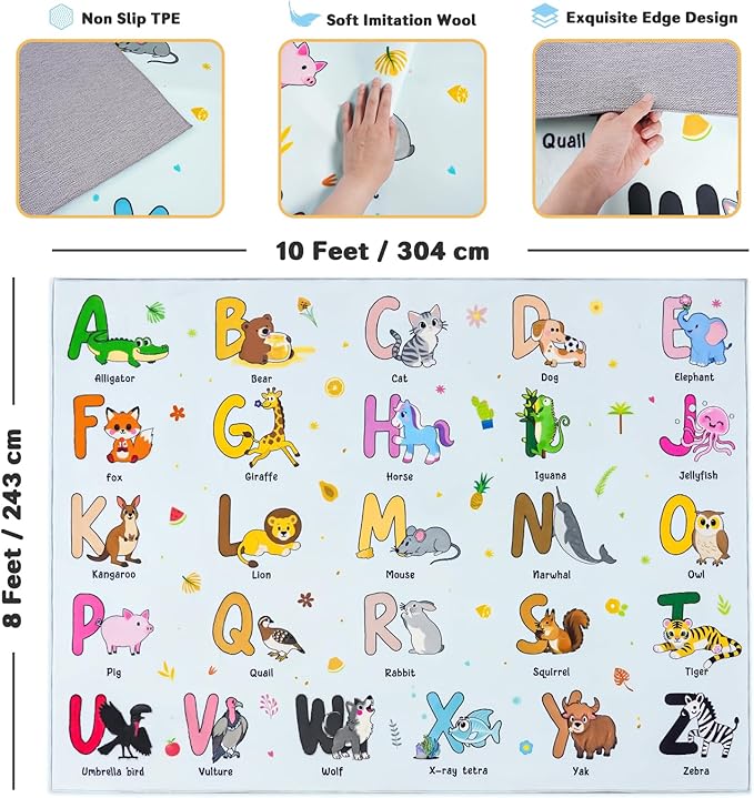 Kids Rugs for Playroom, 8x10 Ft Educational Rug for Learn The ABC Alphabet, Soft Machine Washable Non-Slip Cute Cartoon Animals Carpet for Classroom Toddler Nursery Kids Room Decor, Blue