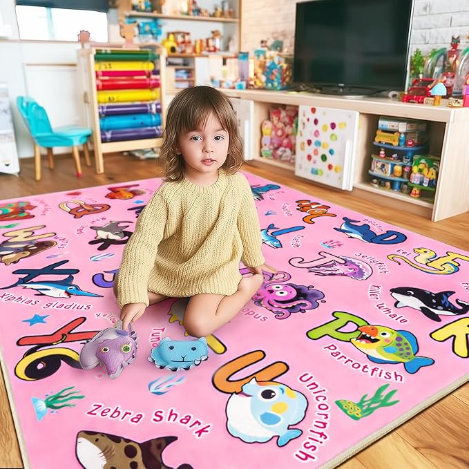 Kids Rug for Playroom, 4x5 Feet Educational Rug for Learn The ABC Alphabet, Soft Machine Washable Non-Slip Cute Marine Organisms Carpet for Classroom Toddler Nursery Kids Room Decor Mat, Pink