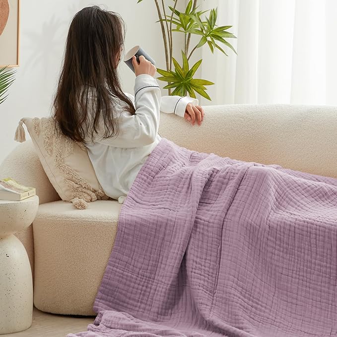 Love's cabin 6 Layer 100% Cotton Muslin Blanket, 90"x90" Muslin Blanket Queen for Couch Bed, Lightweight and Breathable Cotton Gauze for Adult, Lavender