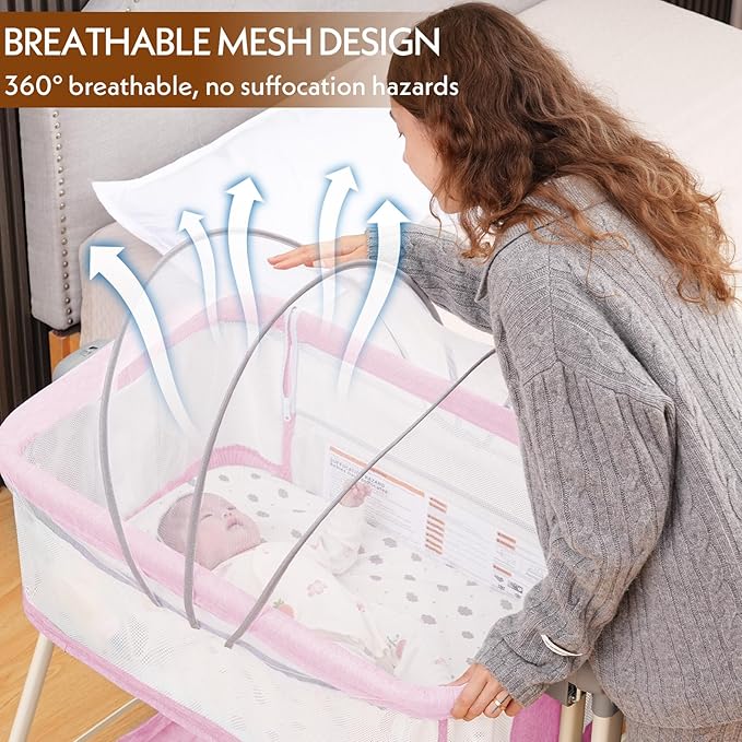Baby Bassinet, Rocking Bassinet with Waterproof Sheet, 3-in-1 Baby Bassinets Bedside Sleeper, 6 Height Adjustable Pink Bassinet