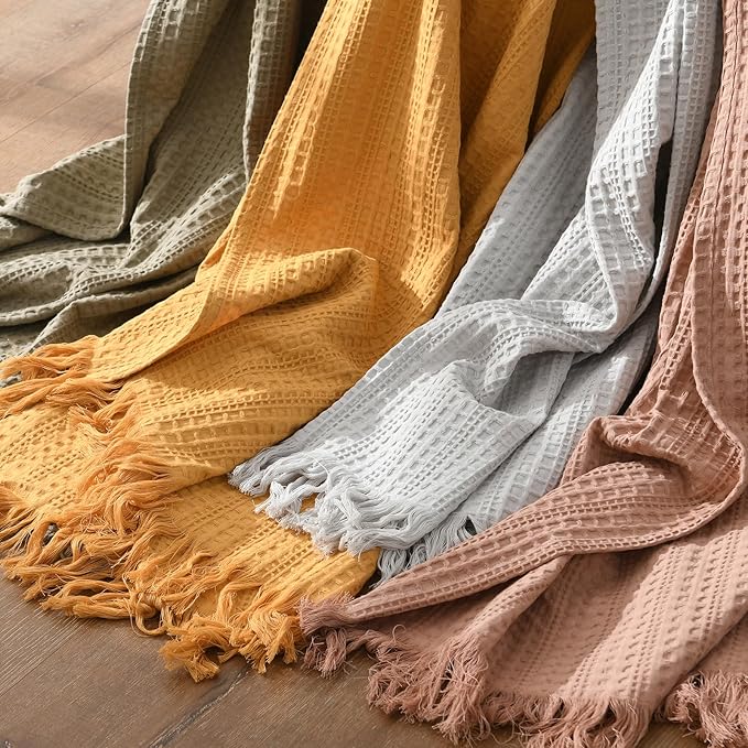 100% Cotton Waffle King Blanket with Fringe 104"x90", Pre-Washed Waffle Weave Blanket for All Season, Lightweight Breathable Soft Cozy Throw Blanket for Couch, Bed, Travel (Light Grey)