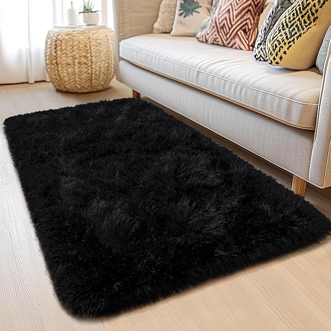 2 x 6 Runner Rug - Non Slip Washable Hallway Fluffy Rug with Rubber Backing - Fluffy Rugs for Bedside Dorm - Black