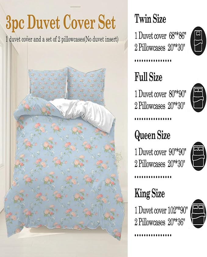 Pink Flower Duvet Cover Set King 3 Pieces Girls Bedding Set Floral Comforter Cover with Zipper Closure,Vintage Country Bedding-102x90