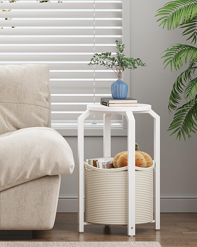TUTOTAK Small Side Table, Round End Table, Night Stand, Bedside Table, Sofa Table with Storage Basket, Living Room, Bed Room, White TB01BW092