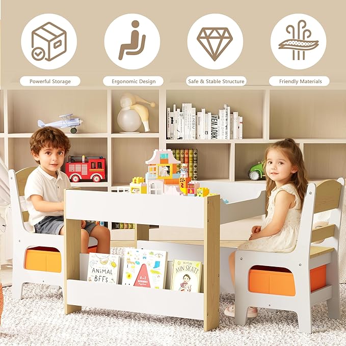 Kinder King Kids Wood Table & 2 Chairs Set, 4 in 1 Children Activity Table w/Double Bookcase, Blackboard, Toddler Furniture Set for Art, Crafts, Drawing, Reading, Playroom, Natural
