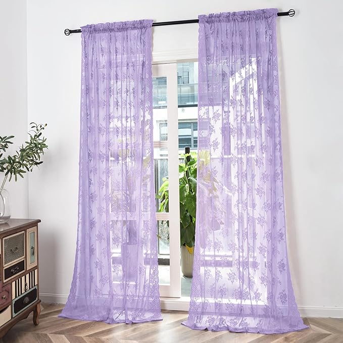 Kotile Light Purple Sheer Curtains 63 Inch Length 2 Panels Rustic Floral Cottagecore Lavender Lace Curtains for Girls Bedroom, Rod Pocket Light Filtering Privacy Sheer Window Drapes, 52 x 63 Inch