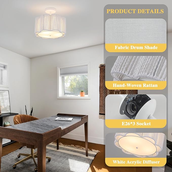 Rattan Semi Flush Mount Ceiling Light, 3-Light Boho Ceiling Lights, Modern Hand-Woven Rattan Boho Light Fixture for Bedroom Living Room Kitchen Hallway and Entryway (White)