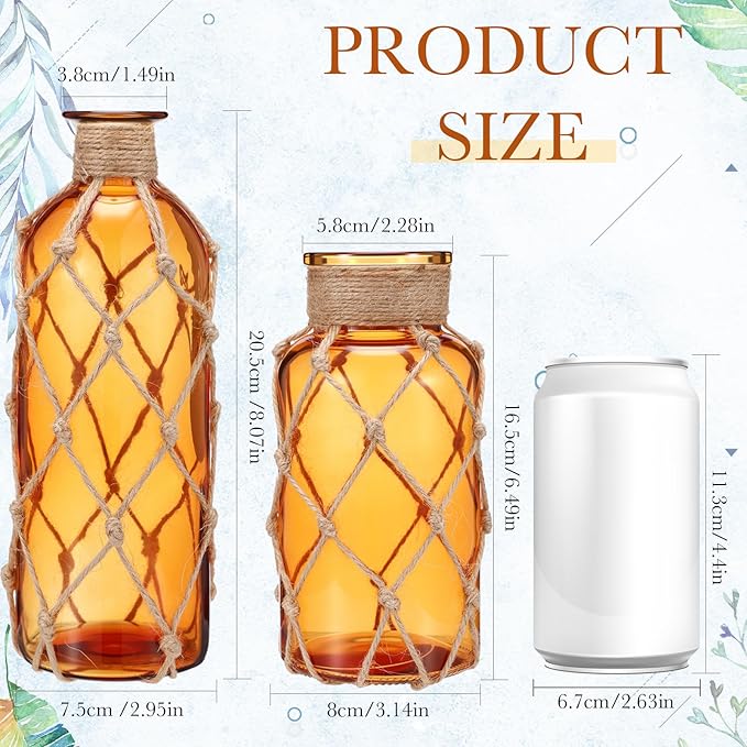 Chuangdi Set of 2 Coastal Glass Vases for Flower Small Flower Vase with Boho Rope Wrapping Beach Decorative Bottle for Coastal Nautical Table Centerpiece Wedding Floral Arrangement Decor(Amber)
