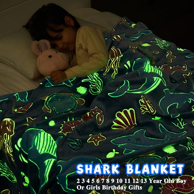 Inhand Shark Glow in the Dark Blanket Ocean Gifts for Boys Kids Throw Blanket Crab Turtle Coral Whale Dolphin Jellyfish Seahorse Toys for Kids Boys Birthday Christmas Cute Soft Room Decor Blue 50"X60"