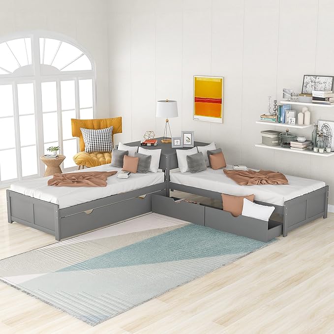 Harper & Bright Designs L-Shaped Platform Bed Frame with Trundle and Drawers Linked with Built-in Desk for Kids Boys Girls, Twin, Gray