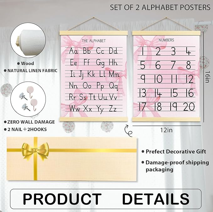 Buildinest Numbers Abc Wall Chart for Toddler Learning Posters, Nursery Wall Decor Playroom Wall Decor and Alphabet Banner,Preschool &Homeschool Wooden Alphabet Poster For Toddlers-B15