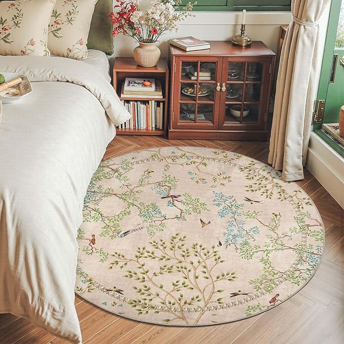 jinchan Yarden Round Rugs 6ft Beige Botanical Birds Print Machine Washable 6' Circle Nature Plants Modern Soft Non Slip Kids Throw Area Rugs Ultra Thin Low Pile Carpet for Living Room Bedroom
