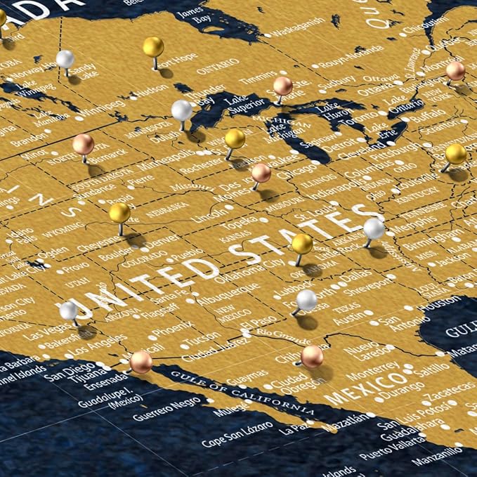 ElephantStock - Personalized Push Pin World Map - Gold Wall Art - Horizontal Canvas Wall Art - Living Room Wall Decor - Digital Art Map Canvas Art - Orange And Blue Decor - 45" x 30"