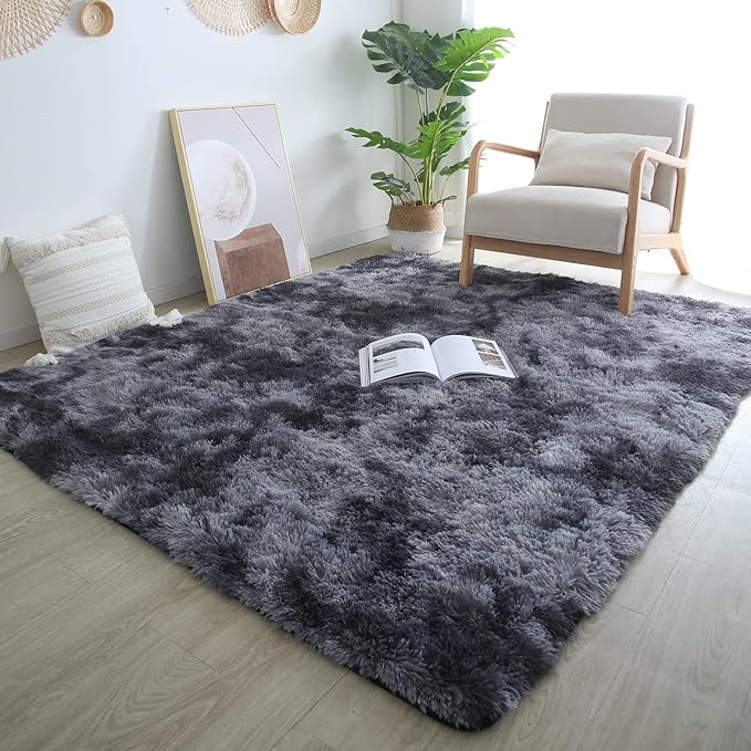 Grey Fluffy Area Rug 5x7 - Ultra Soft Shag Plush Rugs for Bedroom Living Room, Indoor Non-Slip Modern Nursery Faux Fur Floor Carpet for Kids Room,Tie-Dyed Dark Gray,