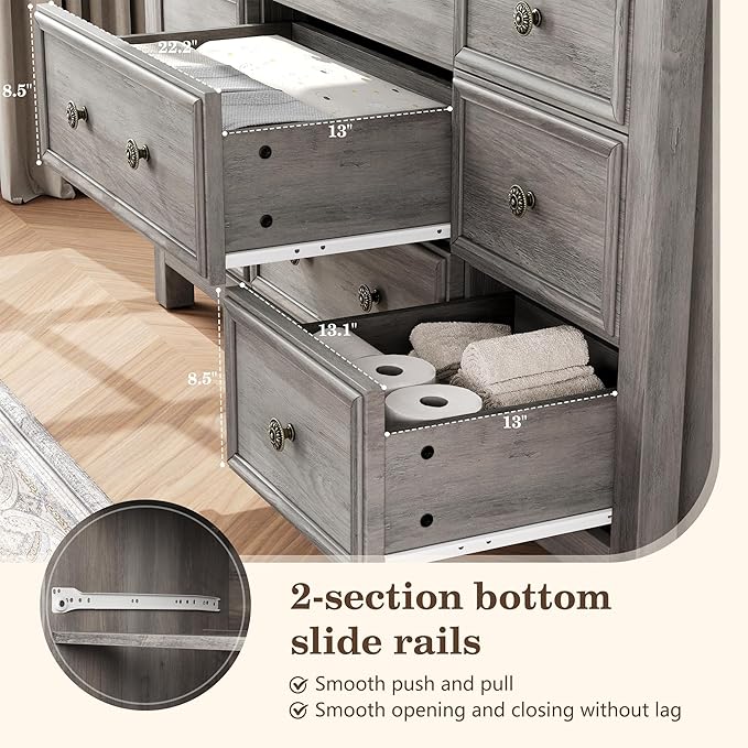 Grey 9 Drawer Dresser, 57" Large Dresser for Bedroom, TV Stand for 70 inch TV, Wood Chest of Drawers with Metal Handle, Rustic Storage Dressers Organizer for Bedroom, Hallway
