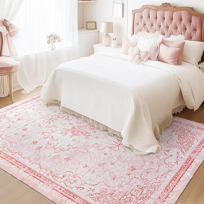 Pink Area Rugs for Bedroom Nursery 6x9 - Teen Girls Coquette Cute Room Decor Aesthetic Washable Vintage Cottage Core Floral Bow Dorm Rug for College Playroom