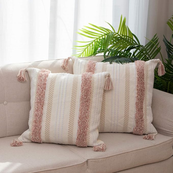blue page Boho Tufted Square Pillow Cover 22 × 22 in – Neutral Pink | Woven Farmhouse Accent Decorative Throw Pillow Cover with Tassels & Invisible Zipper for Couch, Bed or Living Room
