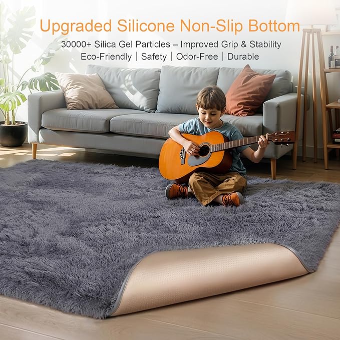 Thick Area Rug Grey Fluffy 4x6 for Bedroom Living Room Washable Plush Rug for Kids Baby Room Nursery Non Slip Soft Shag Cozy Shaggy Rugs for College Dorm Fuzzy Furry Floor Carpet