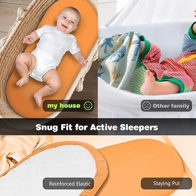 3-Pack Cotton Muslin Bassinet Sheets - Fitted Elastic Mattress Cover for Baby Boys & Girls, Breathable Bedside Bassinet Sheets Neutral Colors (Fits Oval & Rectangle Shape) (Orange)