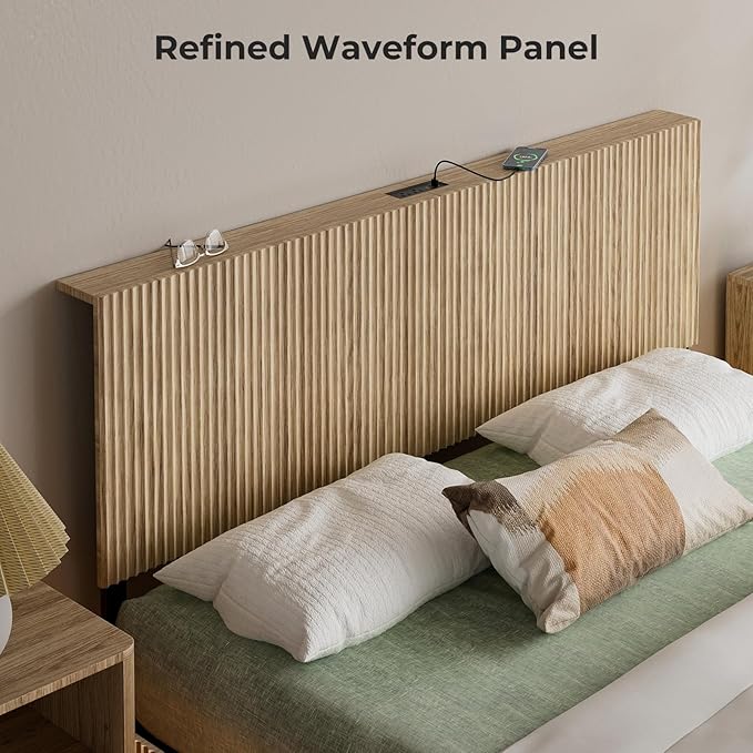 Evermagin Natural Queen Floating Bed Frame with Headboard, Boho Fluted Platform Bed with LED Lights, Heavy Duty Floating Bedframe with Charging Station, No Box Spring Needed