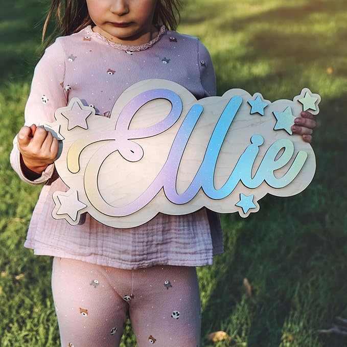 Wooden name sign (3D stars) - Colorful 3D wooden name sign with stars - Cute wooden sign with custom name, Personalized letters with star, Baby shower sign, Unicorn nursery, Rainbow 3D name sign, Girl