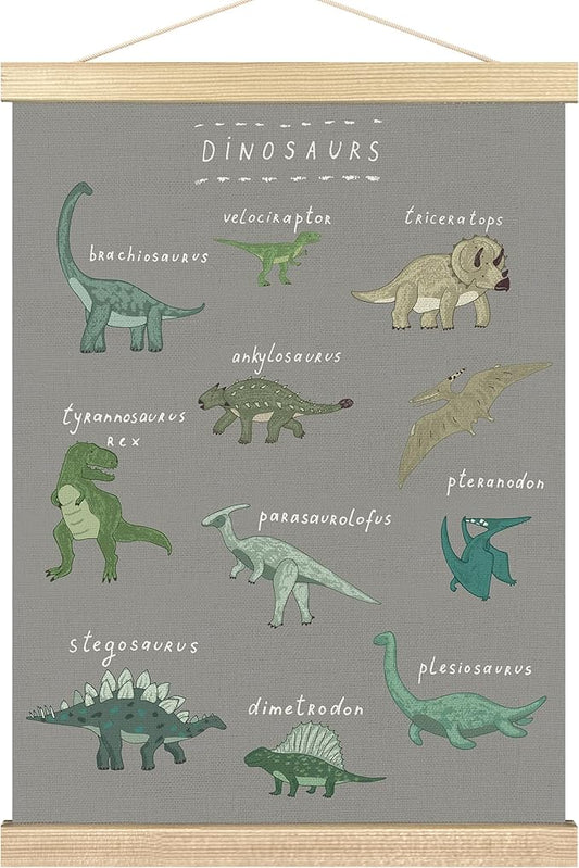 BCUANGD Dinosaur Dino Wall Decor - Gray Baby Toddler Boys Room Wall Art Poster Hanger with Wood Frames, Inspirational Wall Hanging Canvas Decor for Kids Room Nursery Bedroom, 12x16 Inches