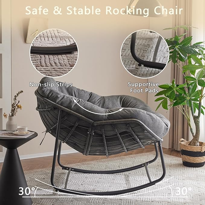 Oversized Outdoor Papasan Rocking Chair Set of 2 with Soft Cushion, Comfy Patio Egg Chair, Wicker Lounge Rocker for Balcony/Porch/Garden, Reinforced All Weather Rattan Frame, Dark Grey