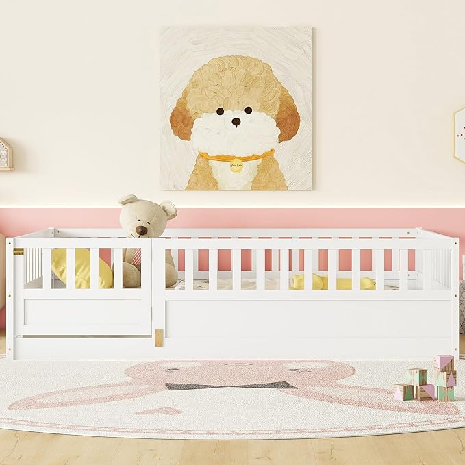 Bellemave Full Floor Bed with Slats and High Fence, Full Size Montessori Floor Beds with Door, No Box Spring Needed, Easy Assemble Montessori Bed Frame(White Full)