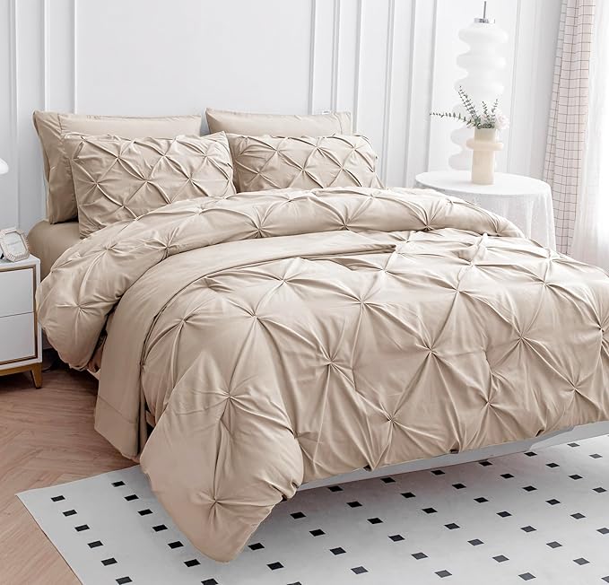 LANE LINEN Queen Comforter Set - 7 Pieces Pintuck Bed in A Bag, Queen Bed Set with Comforters, Sheets, Pillowcases & Shams, Bedding Set - Beige
