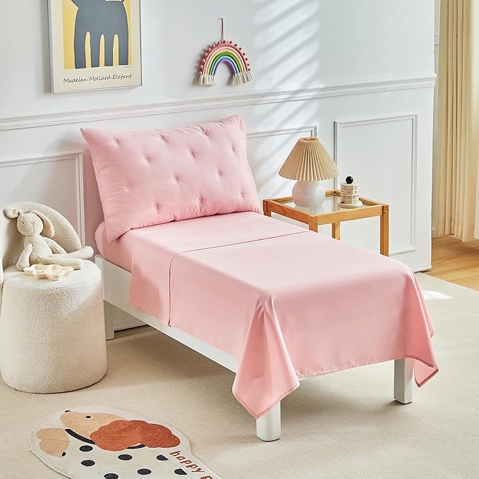 DuShow 4 Piece Toddler Bedding Set for Girls,Embroidery Crib Bed Comforter Set,Includes Toddler Bed Comforter,Fitted Sheet,Flat Sheet and Envelope Pillowcase,Soft Toddler Bed Sheet Set-Pink