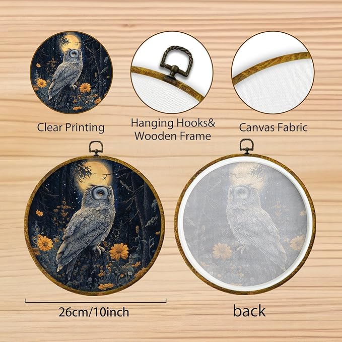 Hiuwevt Moonlight Floral Owl Round Wall Art Decor, Dark Academia Cottagecore Framed Canvas Prints, Whimsical Gothic Owl Round Wall Hanging Decor for Office Home Room Decorations, 10x10 Inches