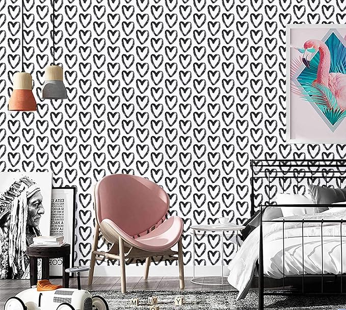 Timeet Modern Heart Peel and Stick Wallpaper - Self Adhesive, 17.7"x78.7", Black and White, Removable, Decorative for Bedroom, Living Room, Bathroom