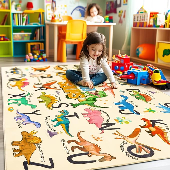 Kids Rugs for Playroom, 7x9 Feet Educational Rug for Learn The ABC Alphabet, Soft Machine Washable Non-Slip Cute Dinosaur Carpet for Classroom Toddler Nursery Kids Room Decor Mat, Beige