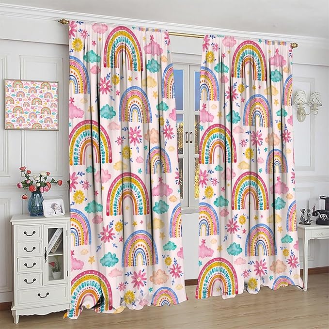 Kids Rainbow Curtains Boho Cartoon Colorful Stars Pink Lovely Rainbow Abstract Art Pattern Print Window Drapes for Bedroom Living Room Kitchen Decor,2 Panel Set,42x54 Inch Blackout