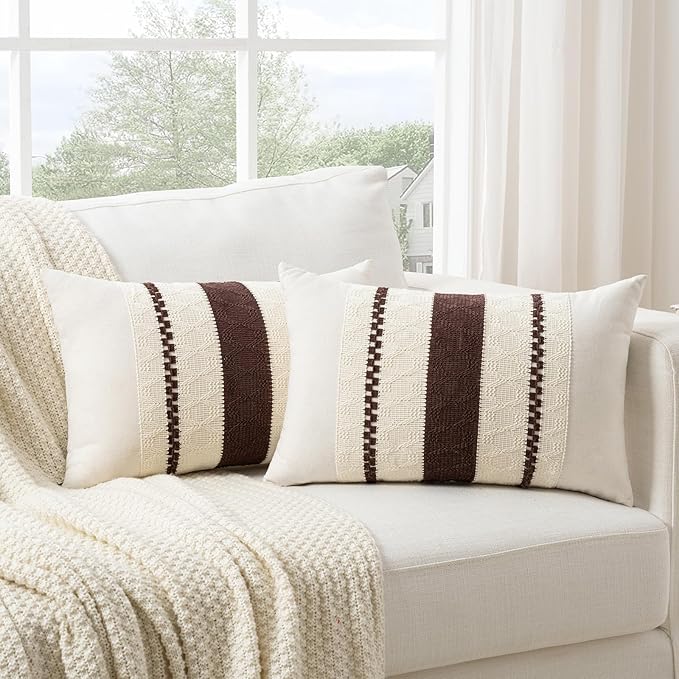 Fancy Homi Set of 2 Boho Brown Long Lumbar Decorative Throw Pillow Cover 14x24 Inch for Couch Bed Sofa Chair, Modern Organic Farmhouse Home Decor, Soft Cotton Cute Accent Rectangle Cushion Case