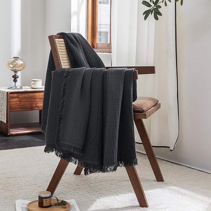 FOSSA Muslin Blanket with Fringe - 4-Layer 100% Cotton Gauze Super Soft & Breathable Throw -Lightweight Decorative Cooling Blanket for Bed, Sofa, Office -Oversize Queen Size 98" × 98" (Dark Gray)
