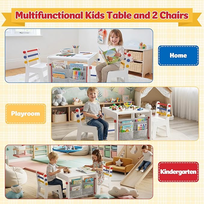 Kids Table and Chair Set 4-in-1 with Storage, Wooden Activity Table for Crafts, Arts, Drawing, Reading, Toddler Furniture for Playroom, Nursery, Gift for Boys & Girls (Age 3+)