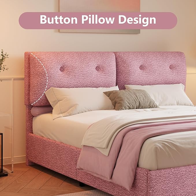 Queen Bed Frame with Headboard, Cloud Boucle Upholstered Bed Frame, Modern Soft Style, Adjustable Headboard, No Box Spring Needed, Easy Assembly, Pink