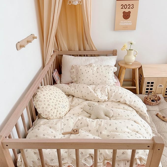 AOJIM Crib Bedding Muslin Duvet Cover with Small Pink Floral, Pure Cotton Toddler Comforter Cover, 1 47X59'' Quilt Cover 2-layer Gauze, Ruffled Design Quilt Cover for Kids, No Comforter or Pillowcases