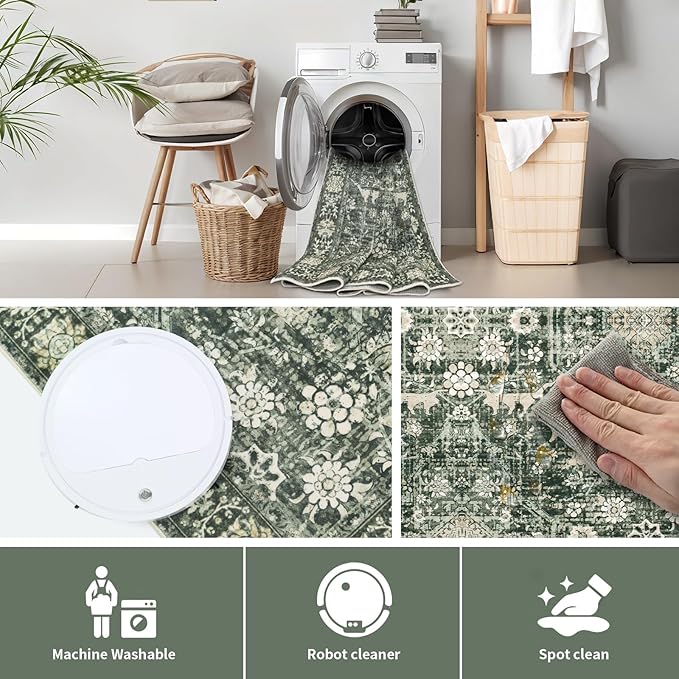 Area Rug 8×10 Washable Rugs for Bedroom, Vintage Floral Rug Soft Non Slip Stain Resistant Carpet for Living Room Dinning Room Kitchen Home Office Green Black