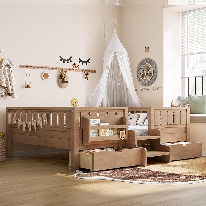 Bellemave Full Size Bed with Slats and Stairs, Full Size Platform Bed Frame with Fence, Bookshelf and Storage Drawers, Easy Assemble Beds for Kids, Girls, Boys, Natural