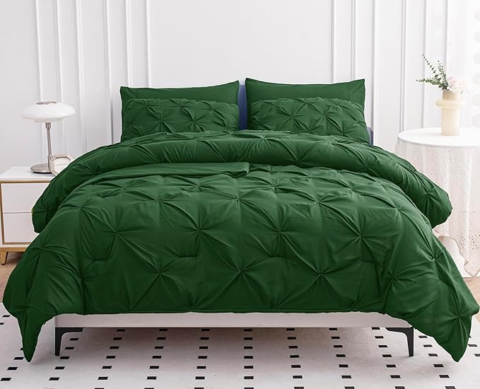 LANE LINEN Twin Comforter Set - 5 Piece Pintuck Twin Bedding Set in A Bag, Pinch Pleat Comforter, Sheets, Pillowcases & Shams - Olive Green