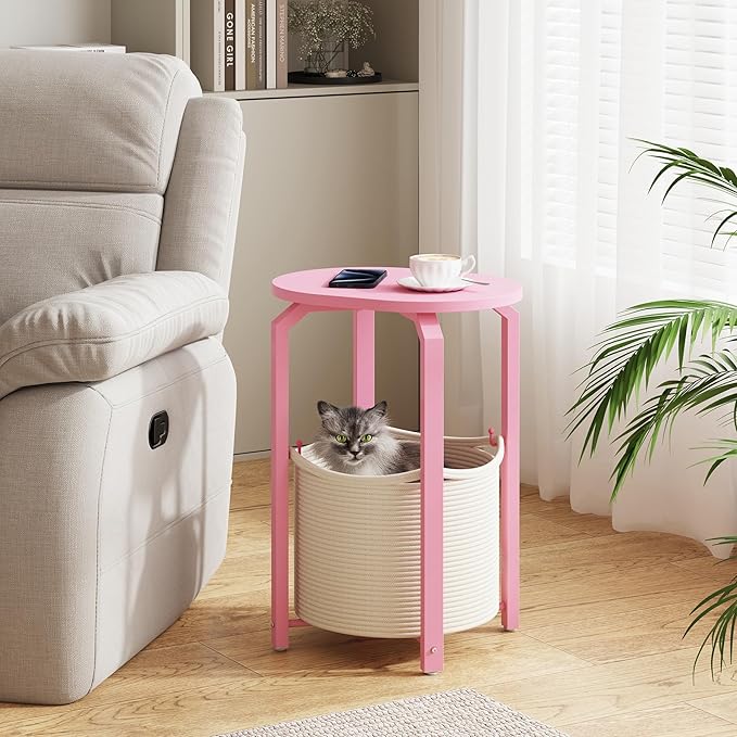 TUTOTAK Small Side Table, Oval End Table, Night Stand, Bedside Table, Set of 2, Sofa Table with Storage Basket, Living Room, Bed Room, Pink TB01BP0932