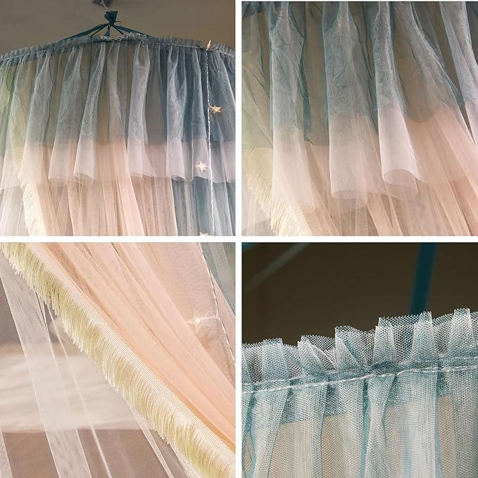 AIKASY Princess Bed Canopy for Girls & Adults, Elegant Double-Layer Bed Curtain, Children's Dream Round Lace Mosquito Net - Fits Twin, Full, Queen, and King Beds(Blue/Pink/White)