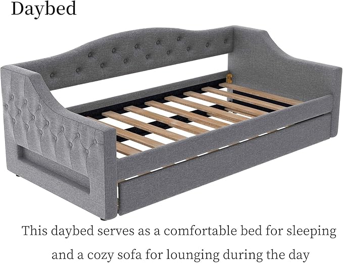 Merax Twin Size Linen Corner Daybed with Trundle and LED Belt, Upholstered Headboard Captain Bed Frames for Small Room, Bedroom, Guest Room, Kids' Room, Grey