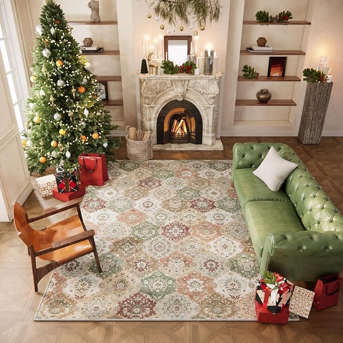 Area Rugs 4x6 Rug for Bedroom, Clearance Washable Area Rug, Non-Slip Lightweight Low Pile Rug for Living Room Dining Room Nursery Room Entryway,Multi/Green