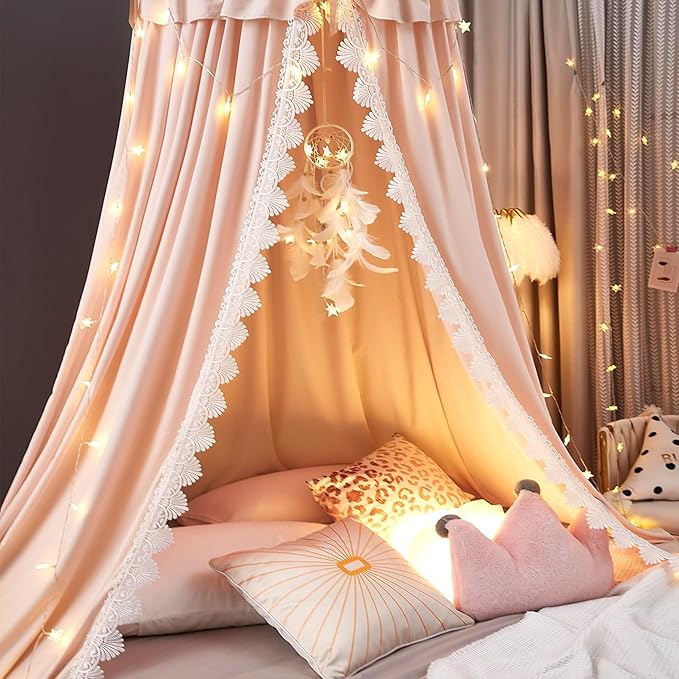 Kertnic Bed Canopy for Girls, Ruffled Soft Pink Princess Canopy Dreamy Bow Decor, Bed Canopies for Kids Room, Hanging Canopy Bedding Drapes Toddler Reading Nook Play Tent (Pink)