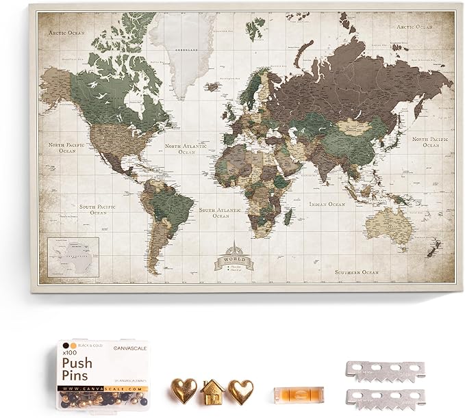 Canvas World Map with Cork Pin Board - English Lettering - Decorative Wall Decoration for All Rooms - Canvas Pictures with World Map Motif (120x80 cm, Pattern 24)