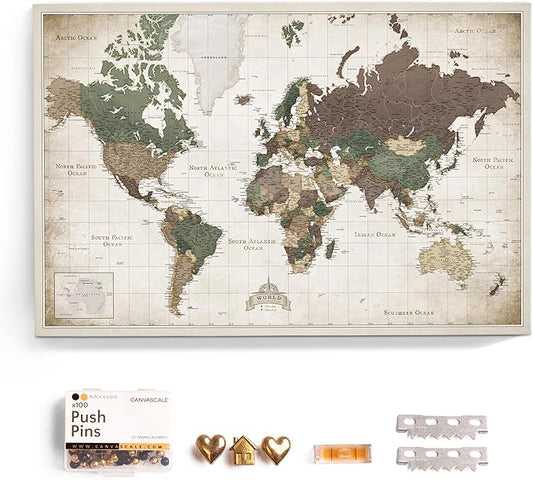 Canvas World Map with Cork Pin Board - English Lettering - Decorative Wall Decoration for All Rooms - Canvas Pictures with World Map Motif (70x50 cm, Pattern 24)
