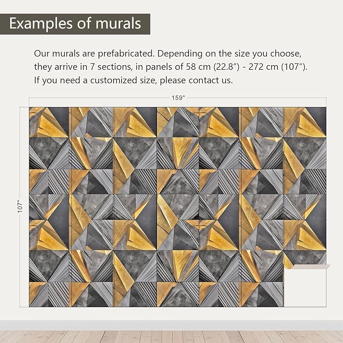 AFZEVEB-3D Geometric Wall Mural Gray and Gold Wallpaper for Bedroom 159"x107"(Not Peel and Stick)